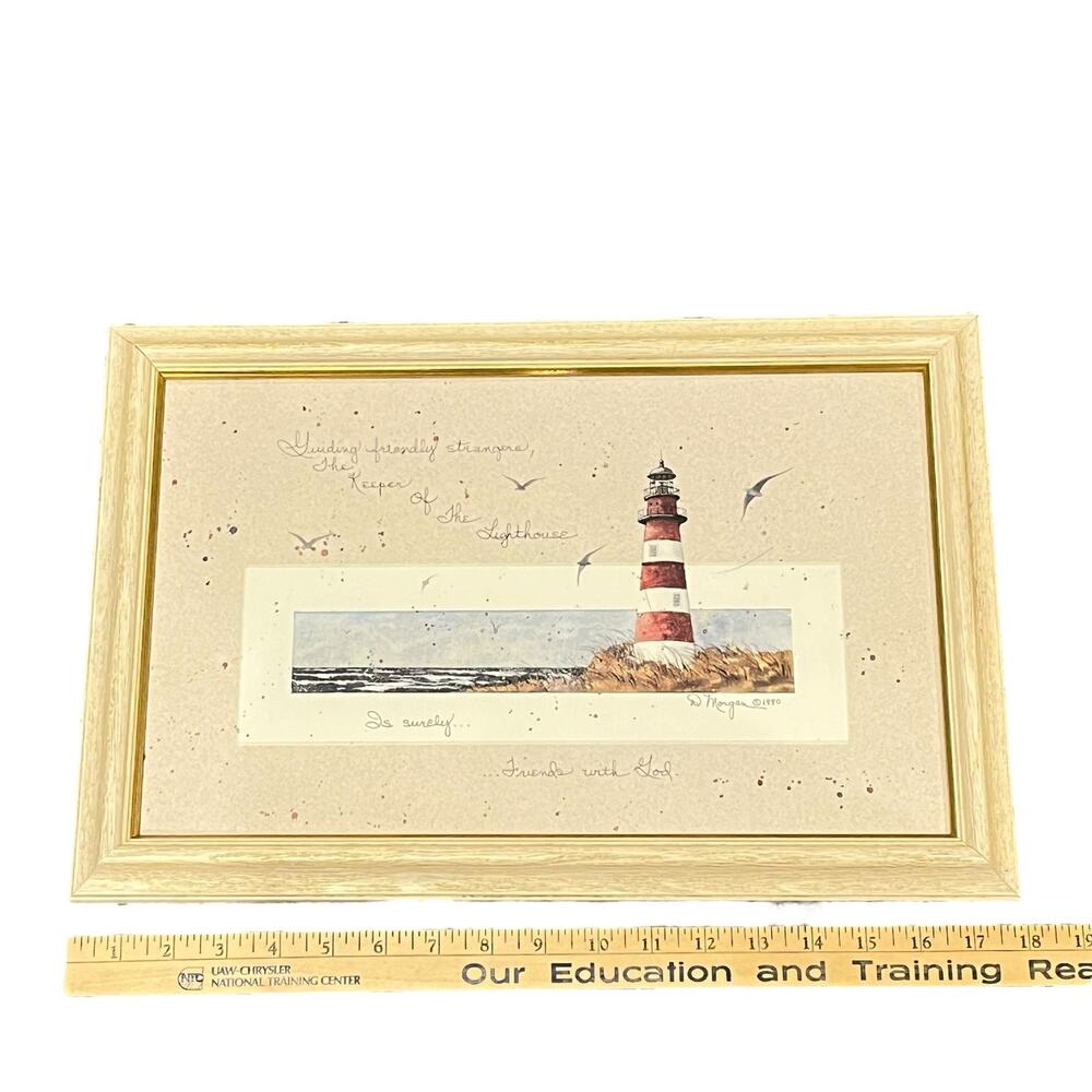 Lighthouse Art Framed Scene Signed By Artist D Morgan 17" x 11" Oak Frame Vtg - Picture 4 of 7